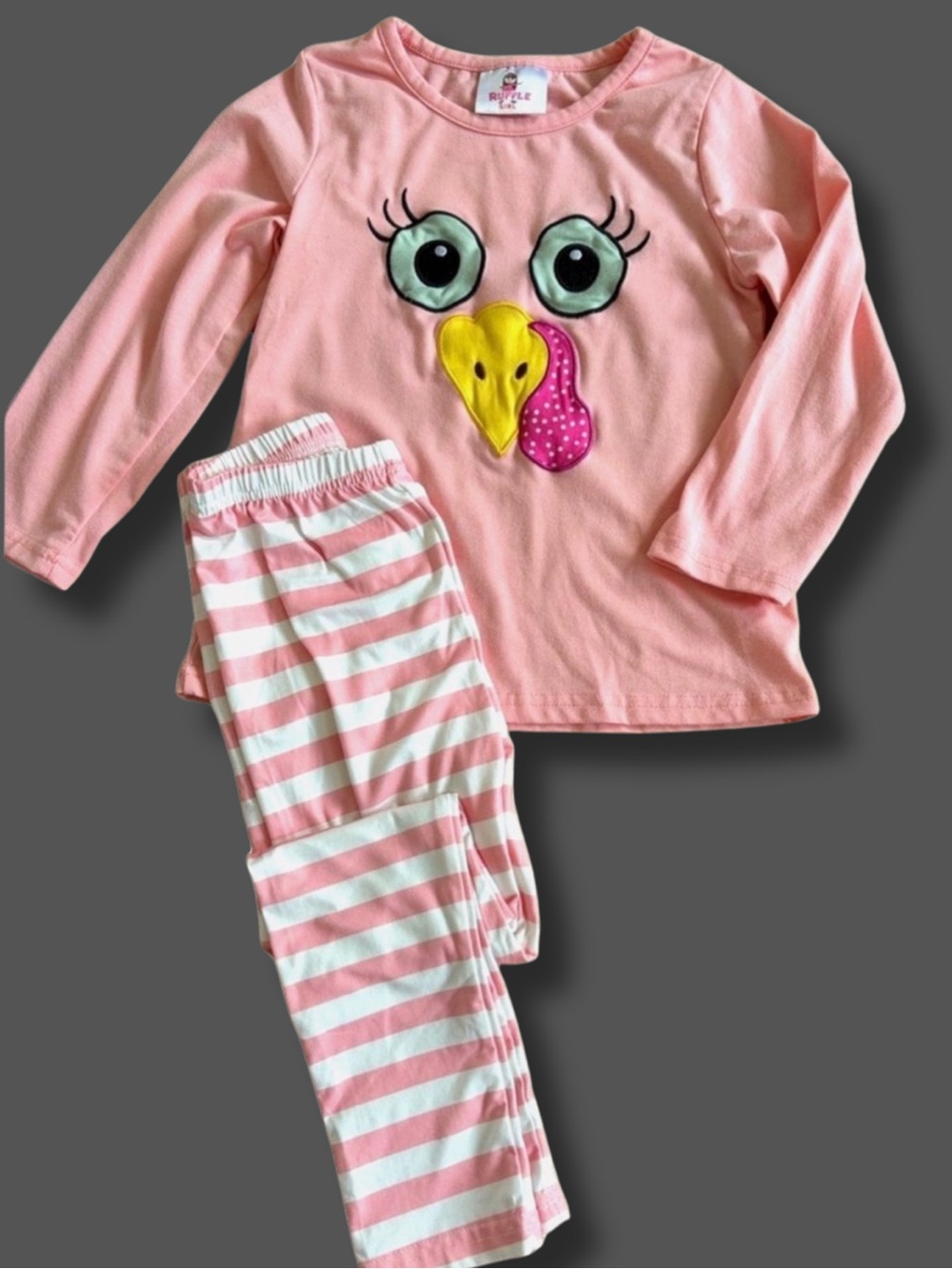 Ruffle Girl Turkey Applique Outfit Set XL 7 Pink Striped Leggings Thanksgiving